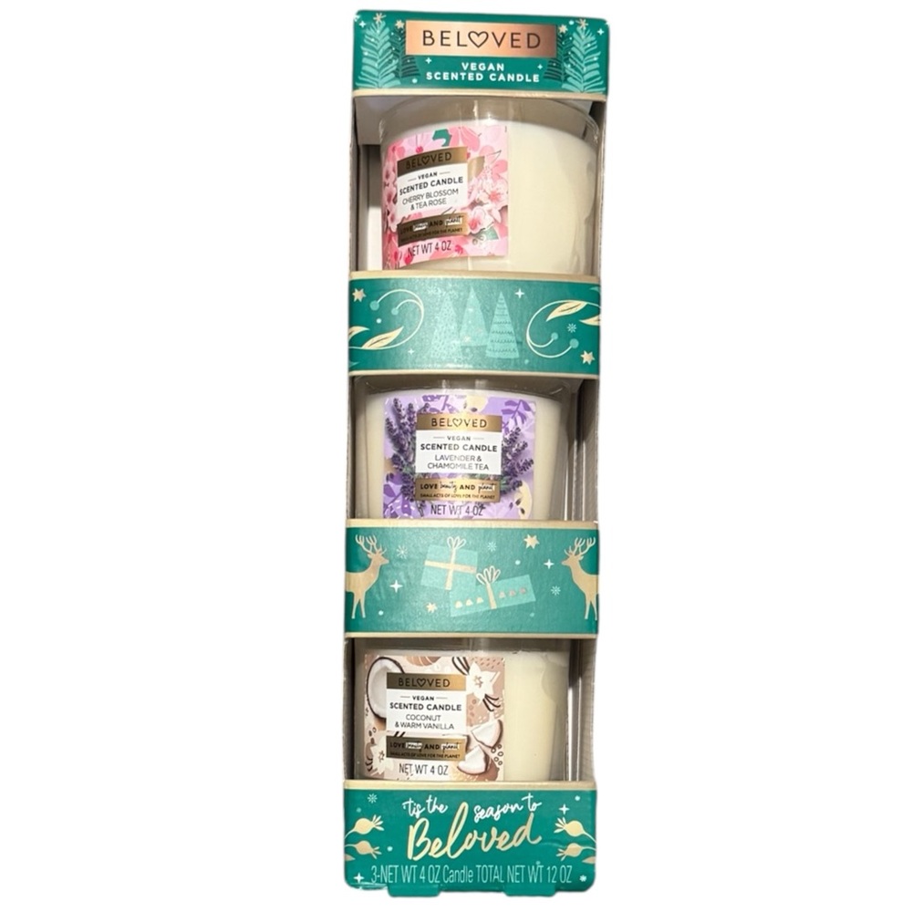 Beloved Vegan Scented Candle Set 3 Pack Cherry Blossom, Lavender, Coconut 4oz